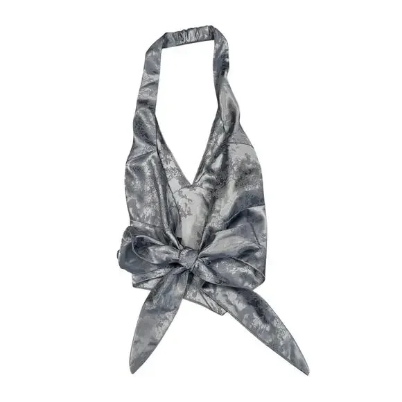 Windsor Satin Jacquard Halter Top Gray Silver Women's Large Tie Y2K Party Baddie - Picture 2 of 16